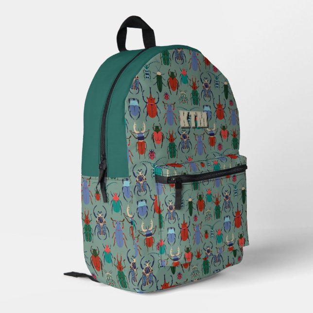 Sage Green Colourful Beetle Bug Personalised Printed Backpack (Back Corner Left)