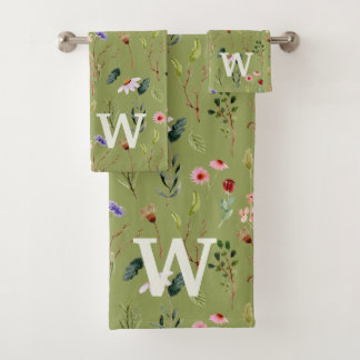 Sage Green, Colourful Floral Personalised Monogram Bath Towel Set