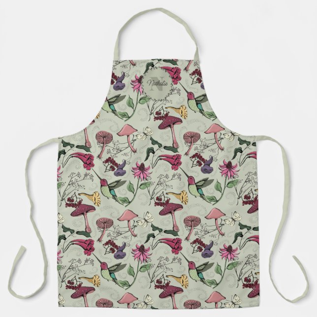 Sage Green Colourful Flowers & Hummingbird Name Apron (Front)