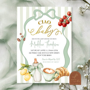 Sage Green Coquette Stripes Italy Ciao Baby Shower Invitation