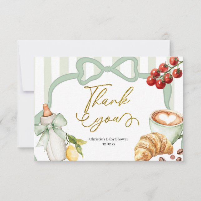 Sage Green Coquette Stripes Italy Ciao Baby Thank You Card (Front)