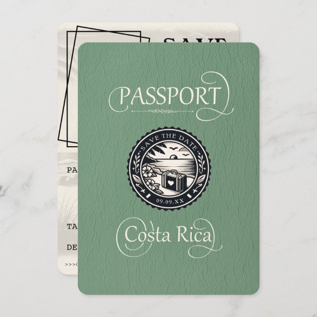 Sage Green Costa Rica Passport Save The Date (Front/Back)