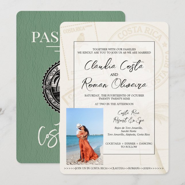 Sage Green Costa Rica Passport Wedding Invitation (Front/Back)