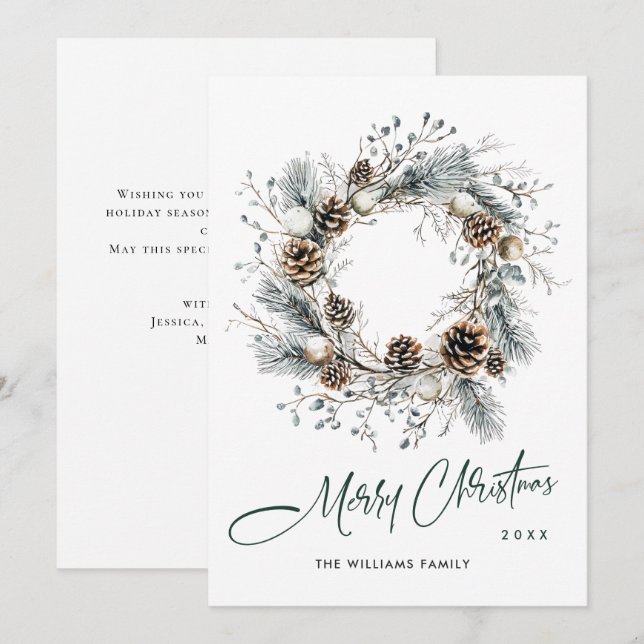 Sage Green Country Christmas Pine Cones Wreath Holiday Card (Front/Back)