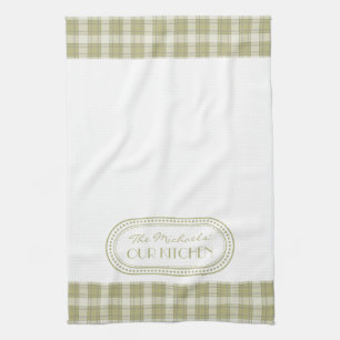 Sage Green Country Plaid Pattern Monogram Tea Towel