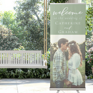 Sage Green Couple Photo White Script Wedding Retractable Banner
