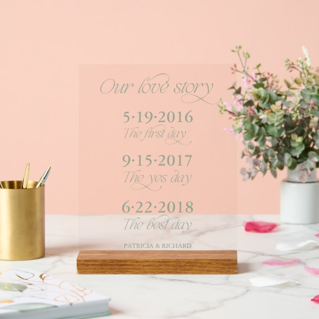 Sage Green Couple's Milestone Timeline Wedding Acrylic Sign (Wedding)