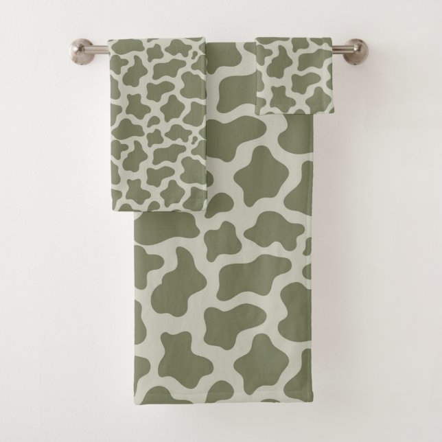 Sage Green Cow Print Bath Towel Set (Insitu)