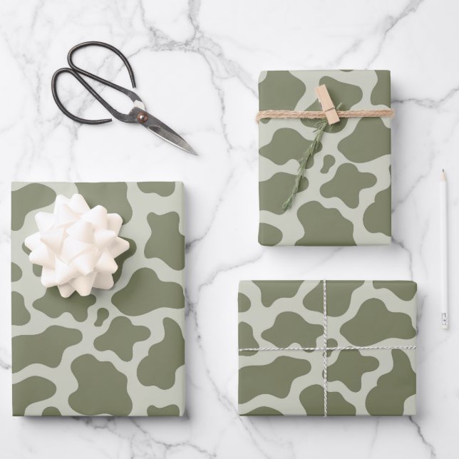 Sage Green Cow Print Wrapping Paper Sheet (Front)