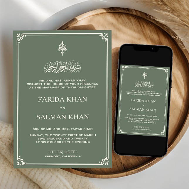 Sage Green Cream Border Islamic Wedding Invitation (Creator Uploaded)