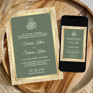 Sage Green Cream Damask Islamic Muslim Wedding Invitation