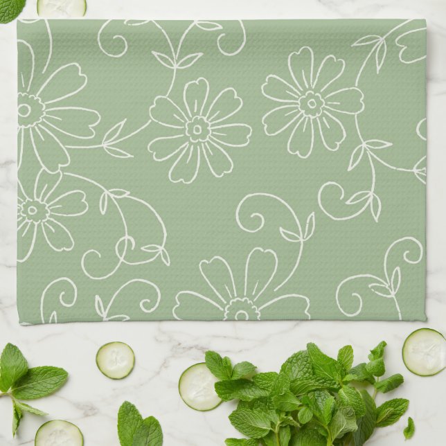 Sage Green Cream Floral Kitchen Cloth Towel (Folded)