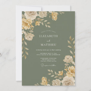 Sage Green Cream Floral Watercolor Wedding Invitation