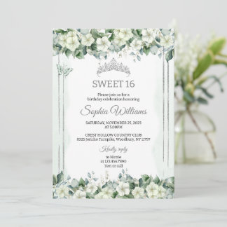 Sage Green Cream Flowers, Floral Sweet Sixteen Invitation