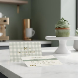 Sage Green Cream Gingham Bow Bakery Loyalty Punch Business Card