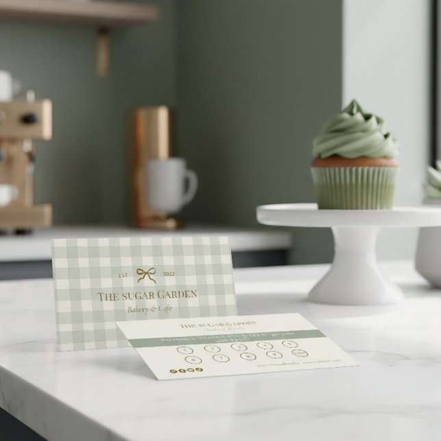 Sage Green Cream Gingham Bow Bakery Loyalty Punch Business Card (Creator Uploaded)