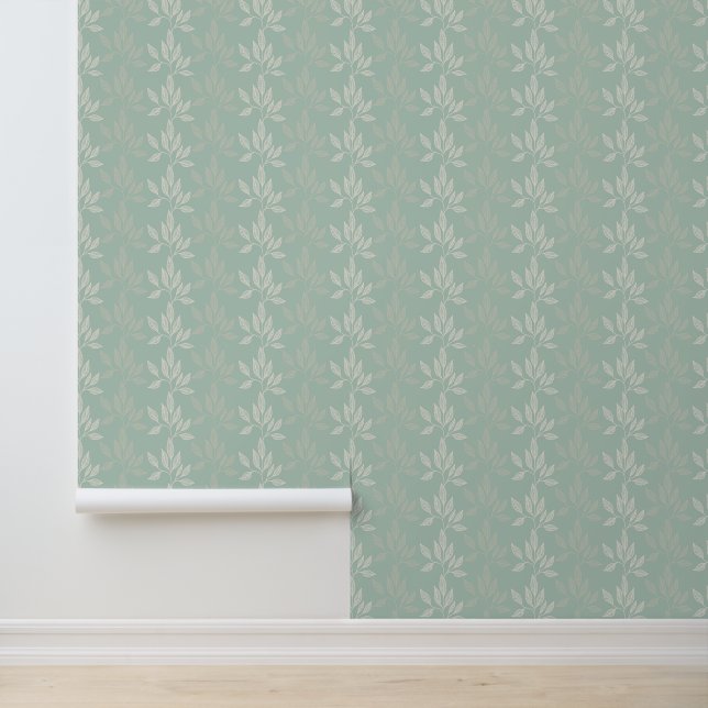 Sage Green & Cream Leaf Pattern Wallpaper (Application)