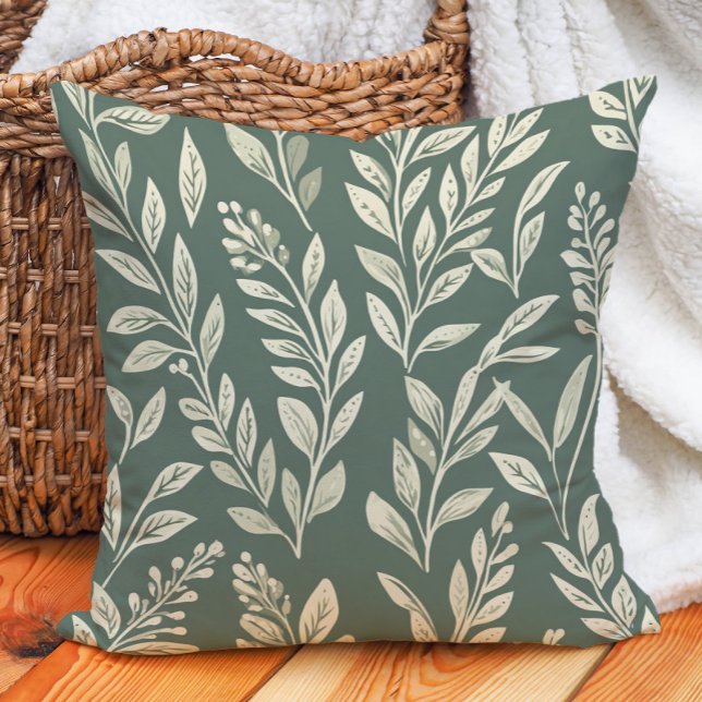 Sage Green Cream Leaves Farmhouse Botanical Cushion (Sage Green Cream Leaves Farmhouse Botanical Throw Pillow)