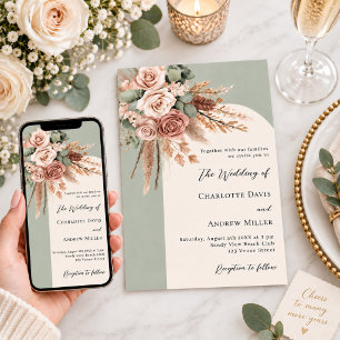 Sage green cream roses pampas grass arch wedding invitation