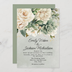 Sage Green Cream Watercolor Floral Gold Wedding Invitation