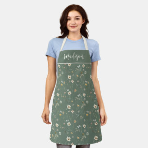 Sage Green Cream Watercolor Wildflower Custom Name Apron