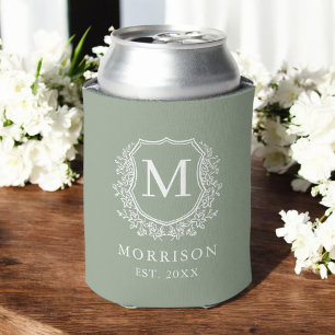 Sage Green Crest Botanical Monogram Wedding  Can Cooler