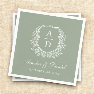 Sage Green Crest Elegant Monogram Wedding Napkin