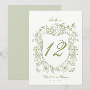 Sage Green Crest Garden Wedding Table Number Card