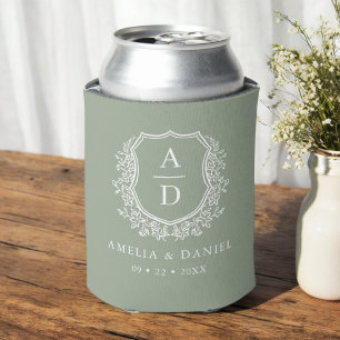 Sage Green Crest Modern Monogram Wedding Can Cooler
