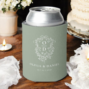 Sage Green Crest Modern Monogram Wedding  Can Cooler