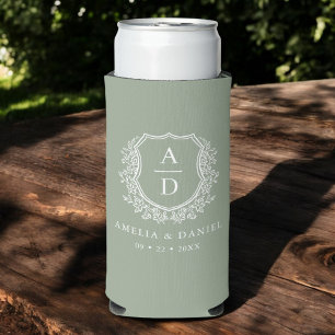 Sage Green Crest Modern Monogram Wedding Seltzer Can Cooler