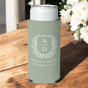 Sage Green Crest Modern Monogram Wedding  Seltzer Can Cooler