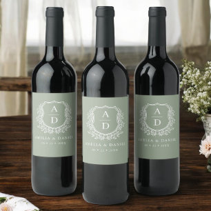 Sage Green Crest Modern Monogram Wedding Wine Label