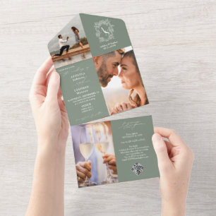Sage Green Crest Monogram 3 Photo QR Code Wedding All In One Invitation