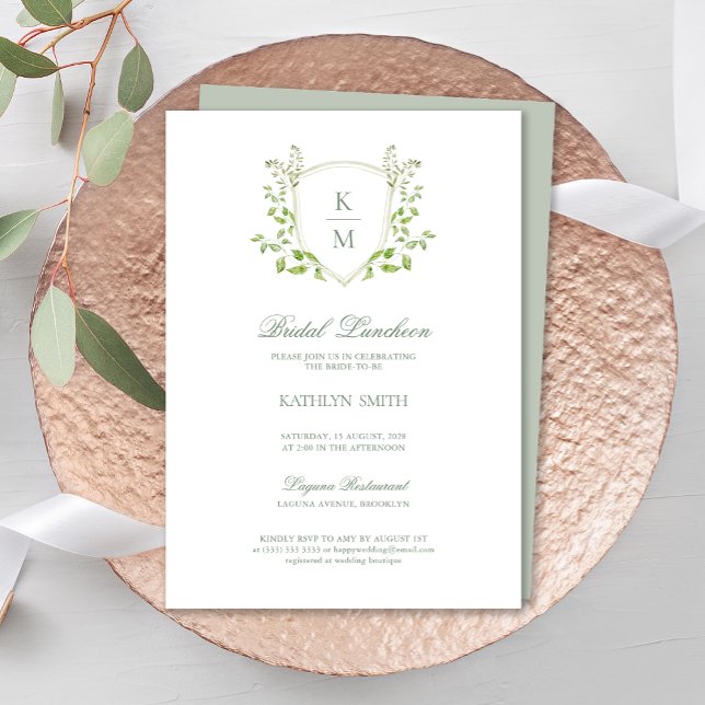Sage Green Crest Monogram Modern Bridal Luncheon Invitation (Creator Uploaded)