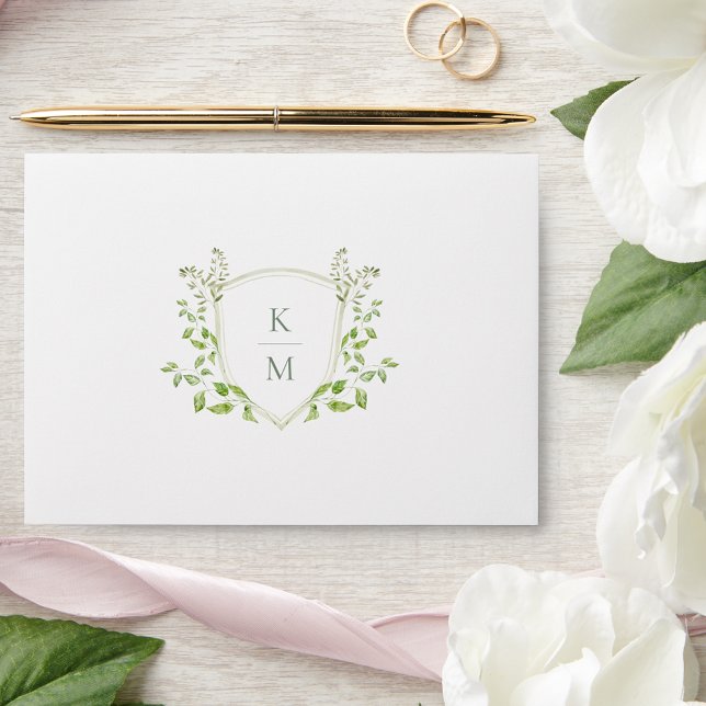 Sage Green Crest Monogram Modern Greenery Wedding Envelope (Creator Uploaded)