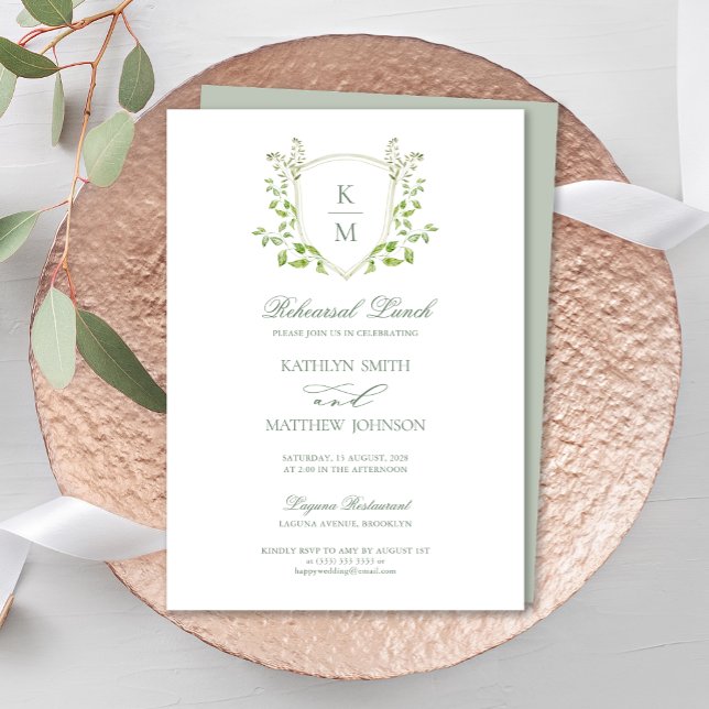 Sage Green Crest Monogram Modern Rehearsal Lunch Invitation (Creator Uploaded)