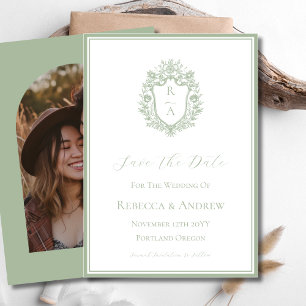 Sage Green Crest Monogram & Photo Save The Date