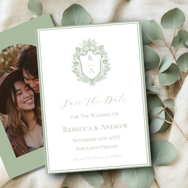 Sage Green Crest Monogram & Photo  Save The Date (Creator Uploaded)