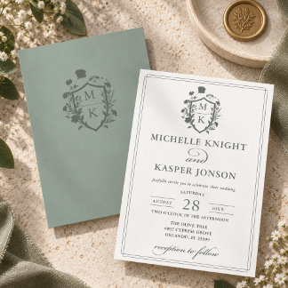 Sage Green Crest Monogram Simple Wedding Invitation