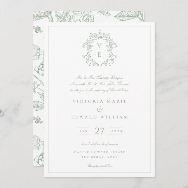 Sage Green Crest Monogram Wedding Invitation (Front/Back)
