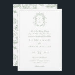 Sage Green Crest Monogram Wedding Invitation<br><div class="desc">Sage Green Monogram Crest,  wedding invitation. Vintage inspired Regency-Era baroque line art monogram crest. Features,  an elegant sage colour typography design style mix of script and bold type. Chinoiserie style garden pattern backing.</div>