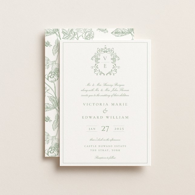 Sage Green Crest Monogram Wedding Invitation (Creator Uploaded)
