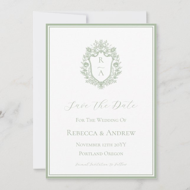 Sage Green Crest Monogram Wedding  Logo  Save The Date (Front)