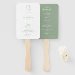Sage Green Crest Monogram Wedding Program Hand Fan