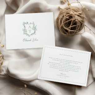 Sage Green Crest Monogram Wedding Thank You Card