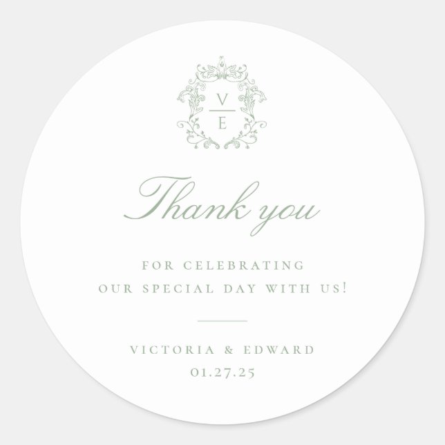 Sage Green Crest Monogram Wedding Thank You Classic Round Sticker (Front)