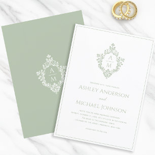 Sage Green Crest Vintage Formal Wedding Monogram Invitation