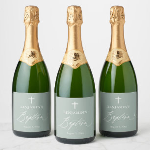 Sage Green Cross Baptism Sparkling Wine Bottle Lab Sparkling Wine Label