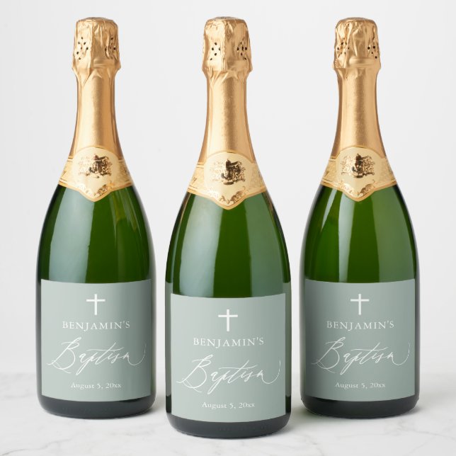 Sage Green Cross Baptism Sparkling Wine Bottle Lab Sparkling Wine Label (Bottles)